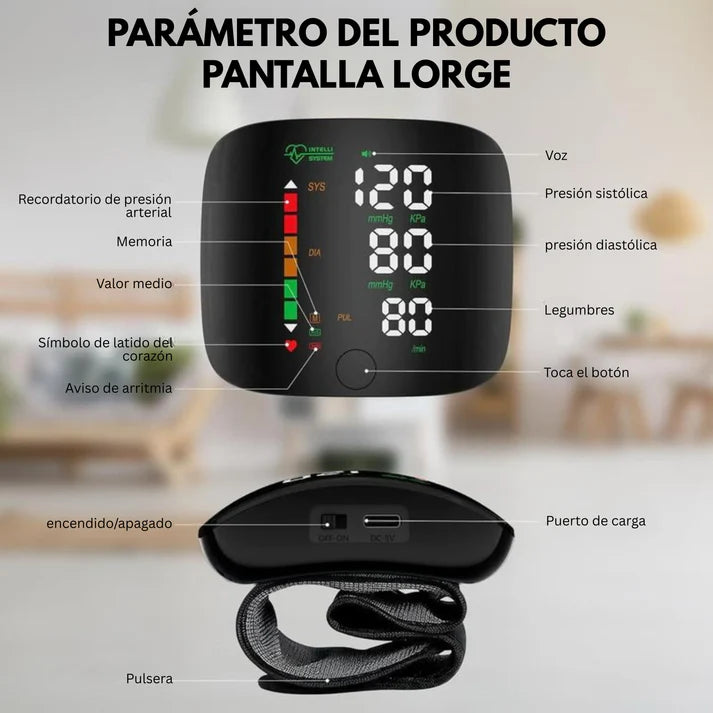 Monitor de presión arterial de muñeca con pantalla LED