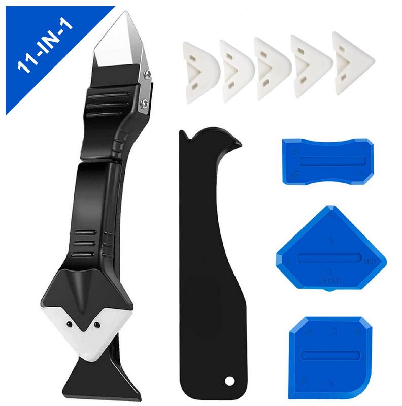 11 herramientas de silicona para calafateo, 3 en 1, para quitar lechada (cabezal de acero inoxidable) y raspador para lechada, para cocina, baño y ventanas.