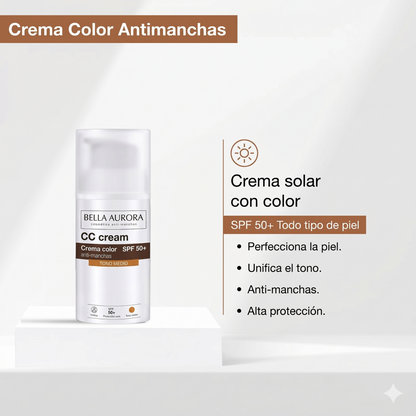 Bella Aurora CC Cream Antimanchas SPF 50+ con Color – Tono Claro / Medio / Extracubriente (30ml)