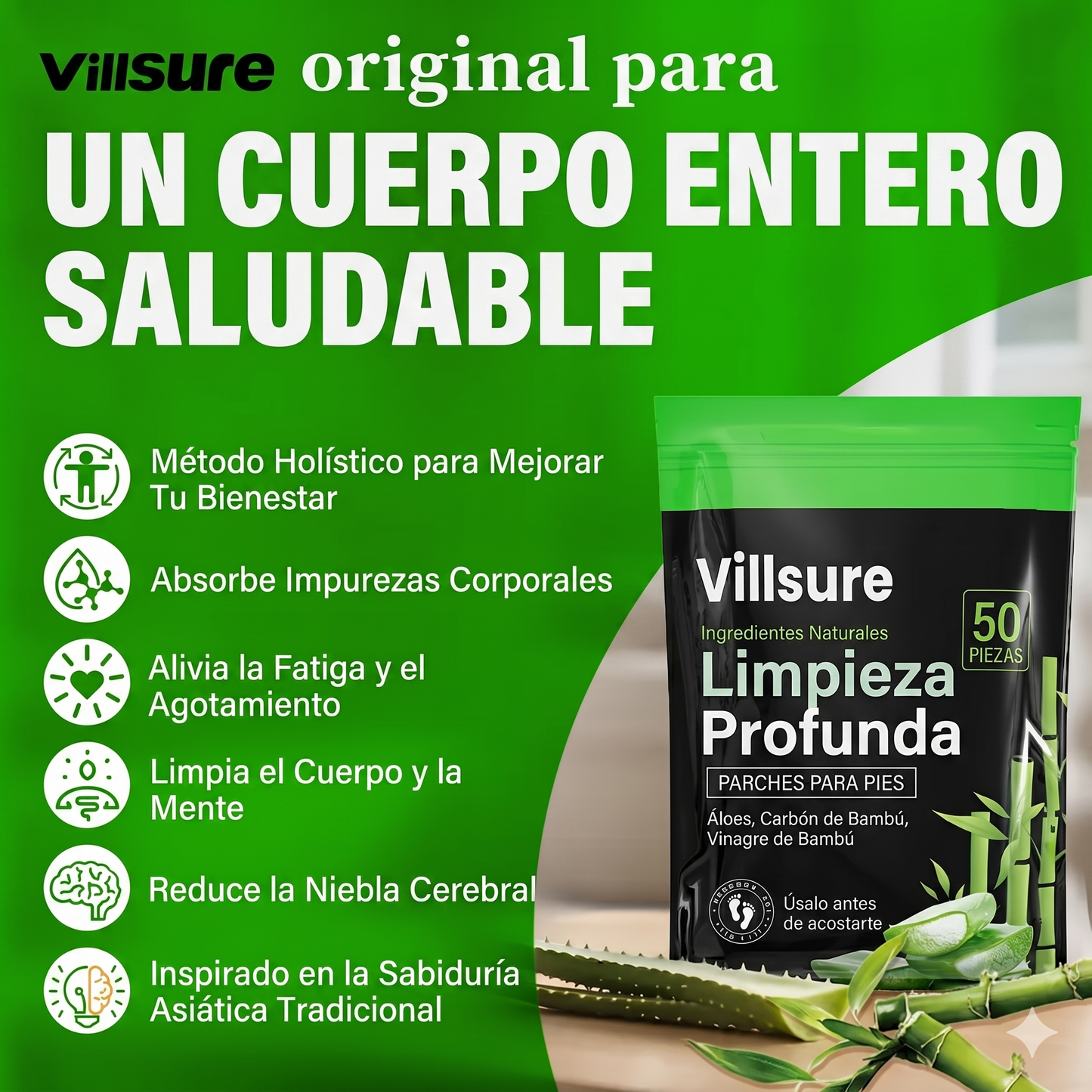 (50 Unidades) Parches de Limpieza Profunda Villsure - Desintoxicación Natural con Aloe Vera y Turmalina