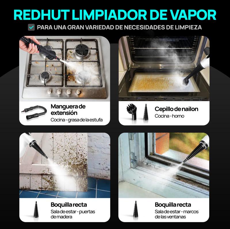 REDHUT Limpiador a Vapor Portátil 12 Accesorios, Alta Presión y Ecológico, Desodorización y Desinfección en Hogar, Cocina y Baño