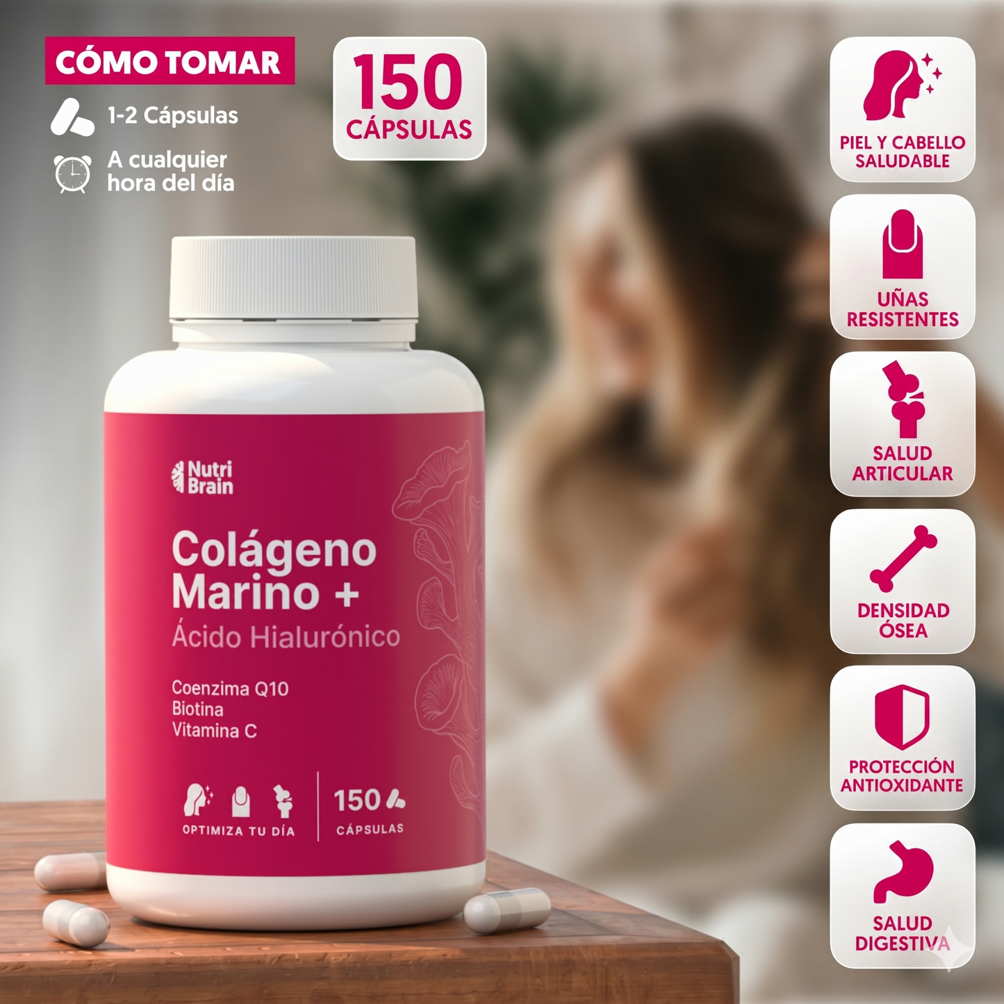 Colágeno Marino + Ácido Hialurónico de NutriBrain – Piel Radiante, Articulaciones y Cabello