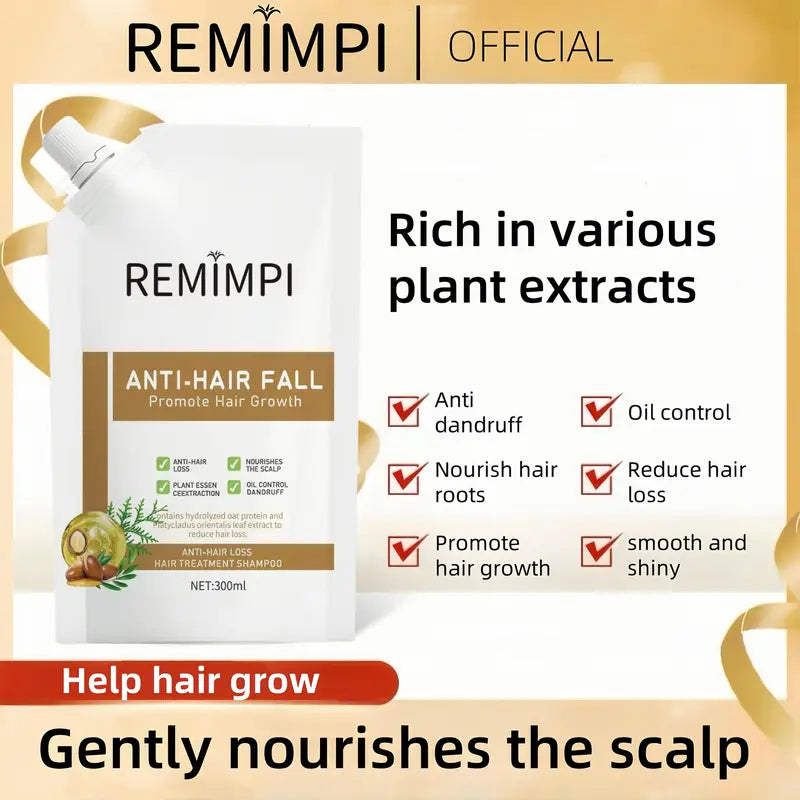 REMIMPI Champú anticaída, tratamiento para la caída del cabello, control de aceite, anticaspa, cuidado capilar, ginseng, jengibre, ayuda al crecimiento del cabello, jojoba, avena, repara, reduce la caída del cabello