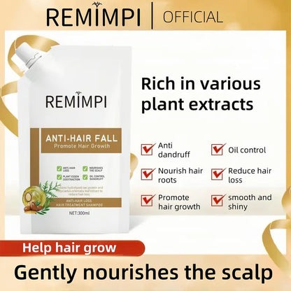 REMIMPI Champú anticaída, tratamiento para la caída del cabello, control de aceite, anticaspa, cuidado capilar, ginseng, jengibre, ayuda al crecimiento del cabello, jojoba, avena, repara, reduce la caída del cabello