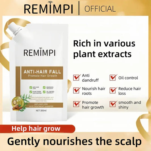 REMIMPI Champú anticaída, tratamiento para la caída del cabello, control de aceite, anticaspa, cuidado capilar, ginseng, jengibre, ayuda al crecimiento del cabello, jojoba, avena, repara, reduce la caída del cabello