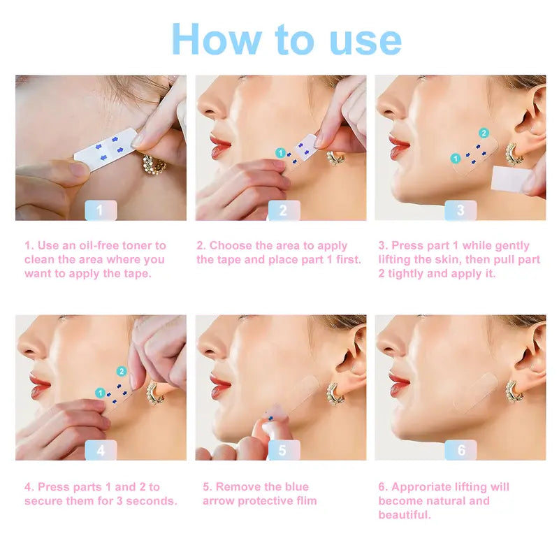 120 parches de estiramiento facial – Tiras de levantamiento de fuerte adherencia|Cinta invisible para el contorno de la cara|Reafirmante del cuello y la línea de la mandíbula|Parches transpirables en forma de V para maquillaje