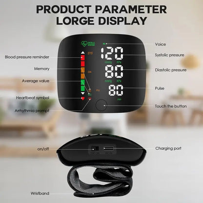 Tensiometru cu ecran LED pentru încheietura mâinii, manșetă cu ecran tactil pentru tensiune arterială la încheietura mâinii, 99x2, memorie de citire, monitor BP pentru încheietura mâinii cu husă de transport (negru), portabilitate