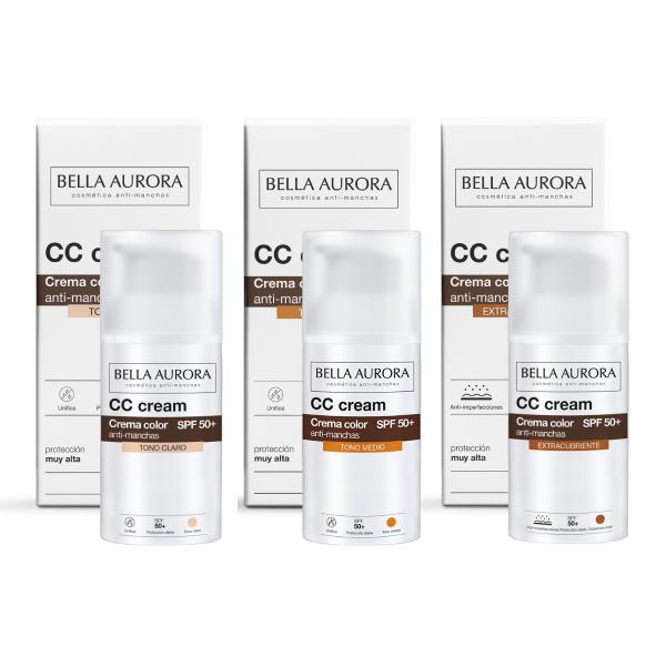 Bella Aurora CC Cream Antimanchas SPF 50+ con Color – Tono Claro / Medio / Extracubriente (30ml)