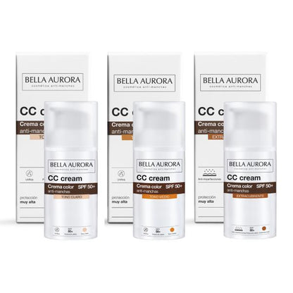 Bella Aurora CC Cream Antimanchas SPF 50+ con Color – Tono Claro / Medio / Extracubriente (30ml)