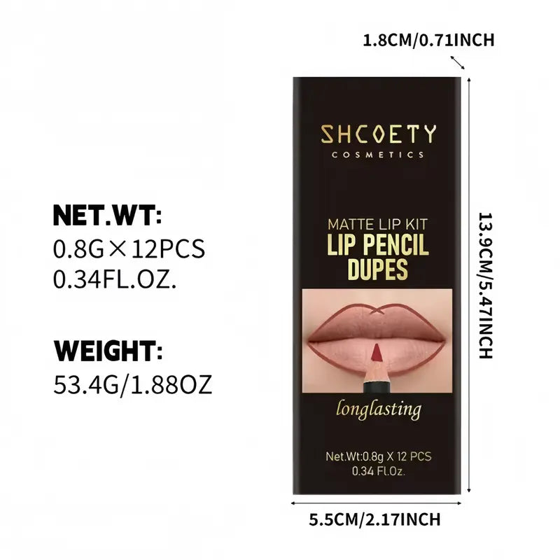 Larga Duración Lápiz Delineador de Labios Mate Set de 12 Piezas