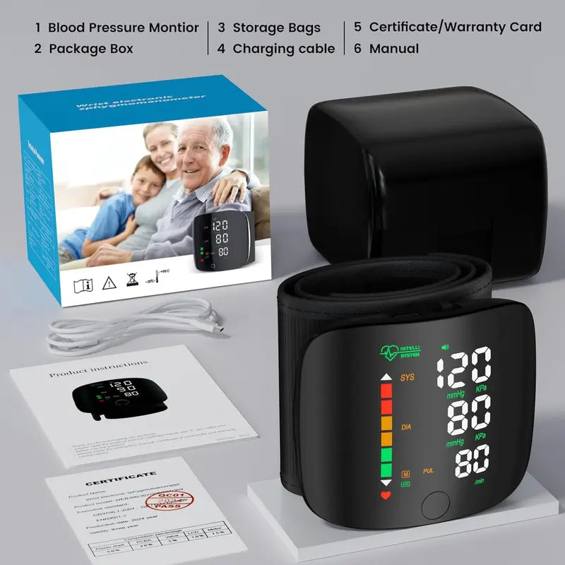Tensiometru cu ecran LED pentru încheietura mâinii, manșetă cu ecran tactil pentru tensiune arterială la încheietura mâinii, 99x2, memorie de citire, monitor BP pentru încheietura mâinii cu husă de transport (negru), portabilitate