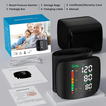 Tensiometru cu ecran LED pentru încheietura mâinii, manșetă cu ecran tactil pentru tensiune arterială la încheietura mâinii, 99x2, memorie de citire, monitor BP pentru încheietura mâinii cu husă de transport (negru), portabilitate